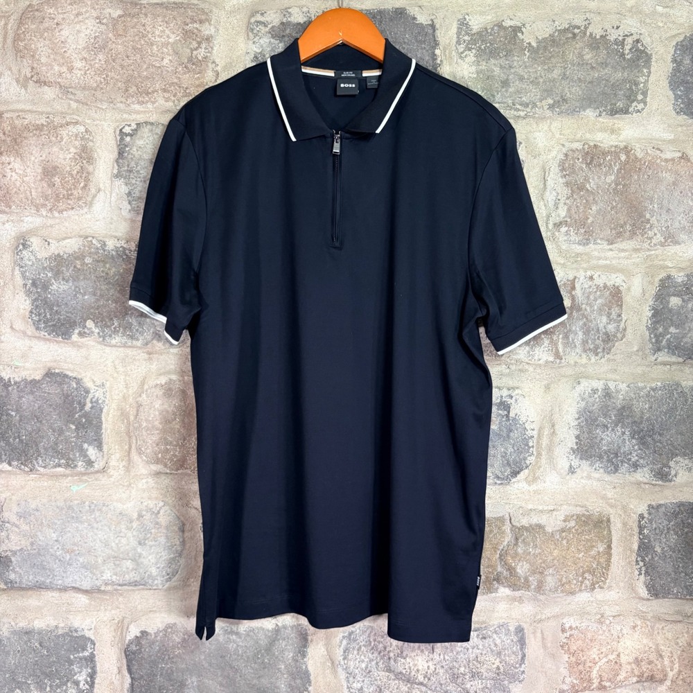 BOSS Mens Slim Fit Mercerised Cotton Quarter Zip Polo Shirt Black XXL Designer